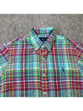 Ralph Lauren Linen Button-Down Shirt Men M Green Blue Red Plaid Short Sleeve